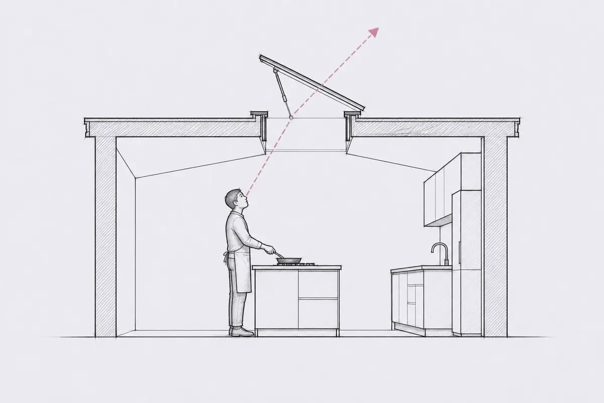 A side section: a dotted line rises from where a person sits, through the opening rooflight, to the open sky