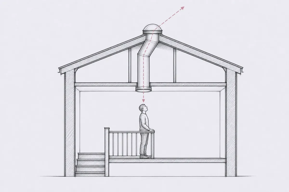 A side section: a dotted line rises from where a person sits, through the sun tunnel, to the open sky