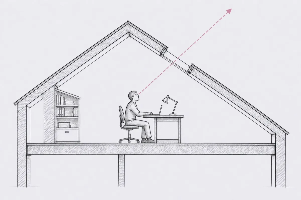A side section: a dotted line rises from where a person sits, through the VELUX window, to the open sky