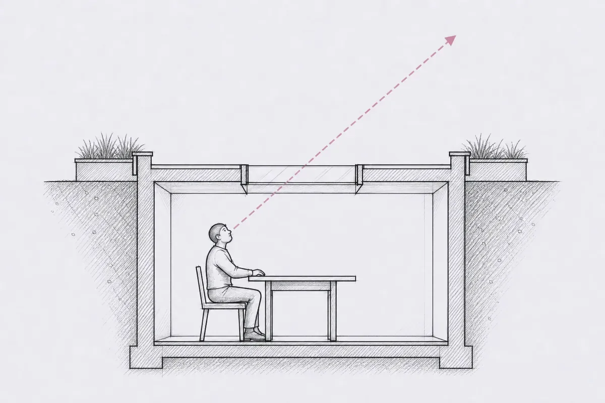 A side section: a dotted line rises from where a person sits, through the walk-on rooflight, to the open sky